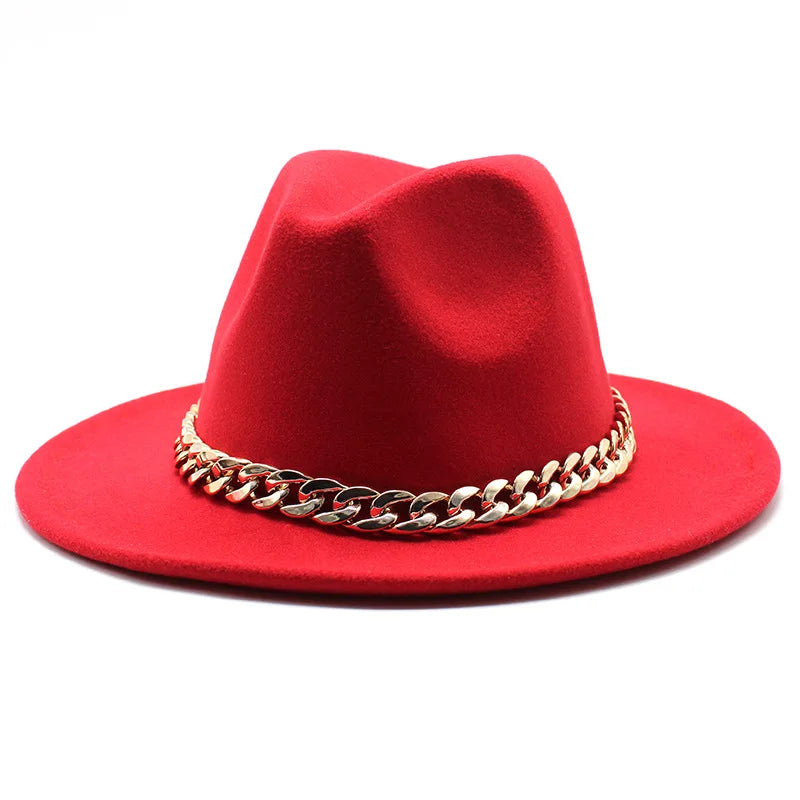 Cappelli Fedora unisex – Cappello a tesa larga con fascia a catena dorata, in feltro. Elegante stile jazz, ideale per autunno e inverno. Panama rosso di lusso. Chapeau donna/uomo.