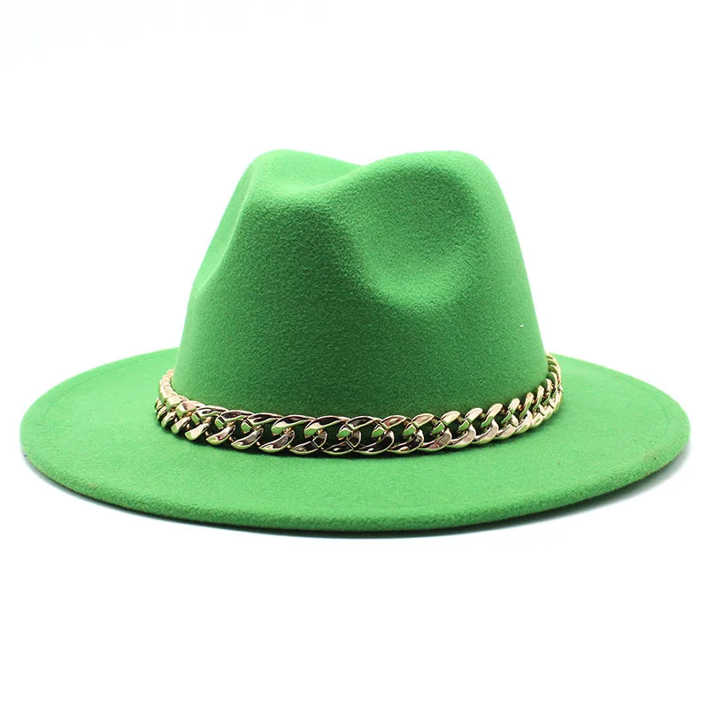 Cappelli Fedora unisex – Cappello a tesa larga con fascia a catena dorata, in feltro. Elegante stile jazz, ideale per autunno e inverno. Panama rosso di lusso. Chapeau donna/uomo.