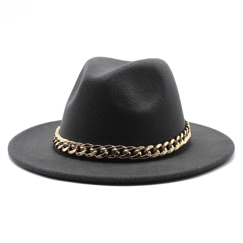 Cappelli Fedora unisex – Cappello a tesa larga con fascia a catena dorata, in feltro. Elegante stile jazz, ideale per autunno e inverno. Panama rosso di lusso. Chapeau donna/uomo.