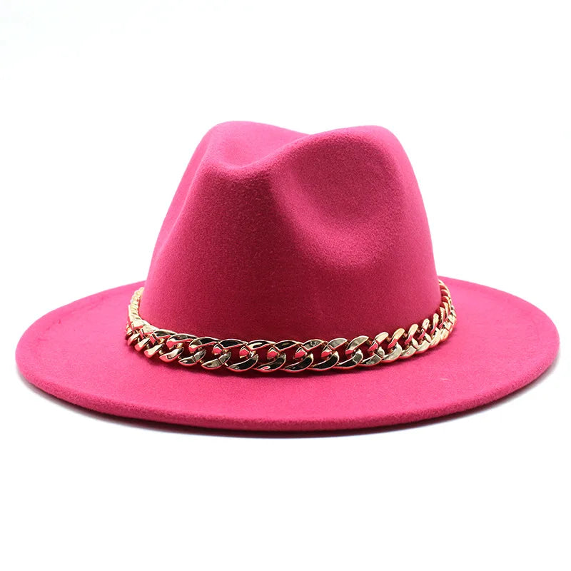 Cappelli Fedora unisex – Cappello a tesa larga con fascia a catena dorata, in feltro. Elegante stile jazz, ideale per autunno e inverno. Panama rosso di lusso. Chapeau donna/uomo.