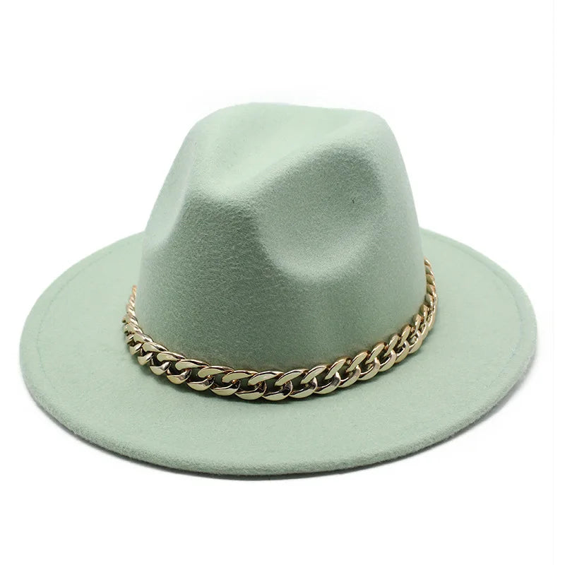 Cappelli Fedora unisex – Cappello a tesa larga con fascia a catena dorata, in feltro. Elegante stile jazz, ideale per autunno e inverno. Panama rosso di lusso. Chapeau donna/uomo.