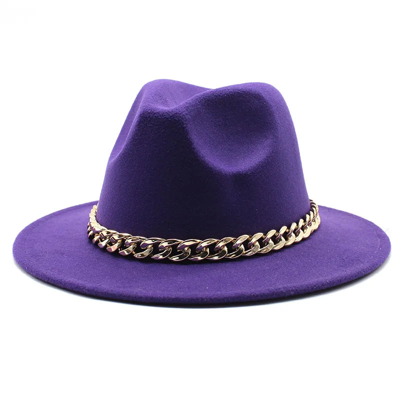 Cappelli Fedora unisex – Cappello a tesa larga con fascia a catena dorata, in feltro. Elegante stile jazz, ideale per autunno e inverno. Panama rosso di lusso. Chapeau donna/uomo.
