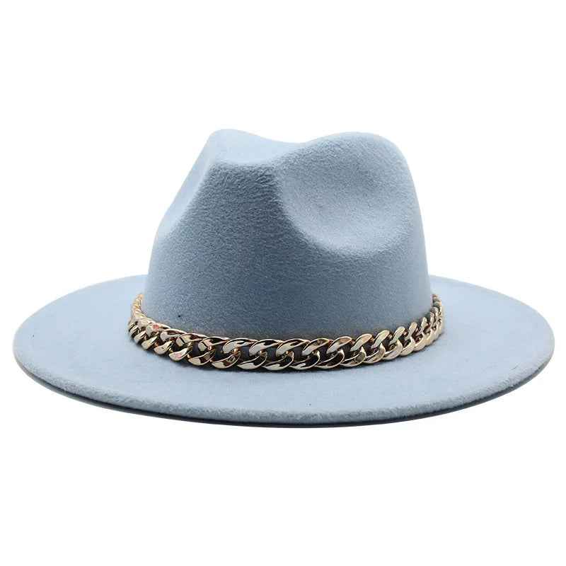 Cappelli Fedora unisex – Cappello a tesa larga con fascia a catena dorata, in feltro. Elegante stile jazz, ideale per autunno e inverno. Panama rosso di lusso. Chapeau donna/uomo.