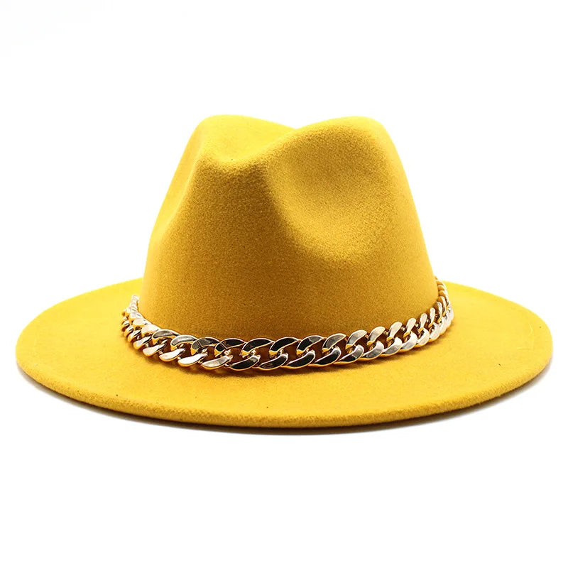 Cappelli Fedora unisex – Cappello a tesa larga con fascia a catena dorata, in feltro. Elegante stile jazz, ideale per autunno e inverno. Panama rosso di lusso. Chapeau donna/uomo.