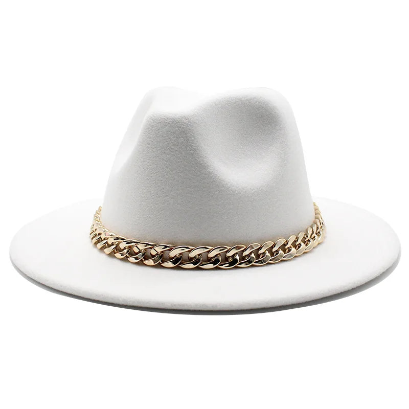Cappelli Fedora unisex – Cappello a tesa larga con fascia a catena dorata, in feltro. Elegante stile jazz, ideale per autunno e inverno. Panama rosso di lusso. Chapeau donna/uomo.