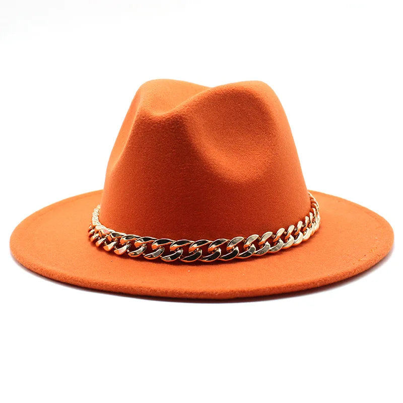 Cappelli Fedora unisex – Cappello a tesa larga con fascia a catena dorata, in feltro. Elegante stile jazz, ideale per autunno e inverno. Panama rosso di lusso. Chapeau donna/uomo.