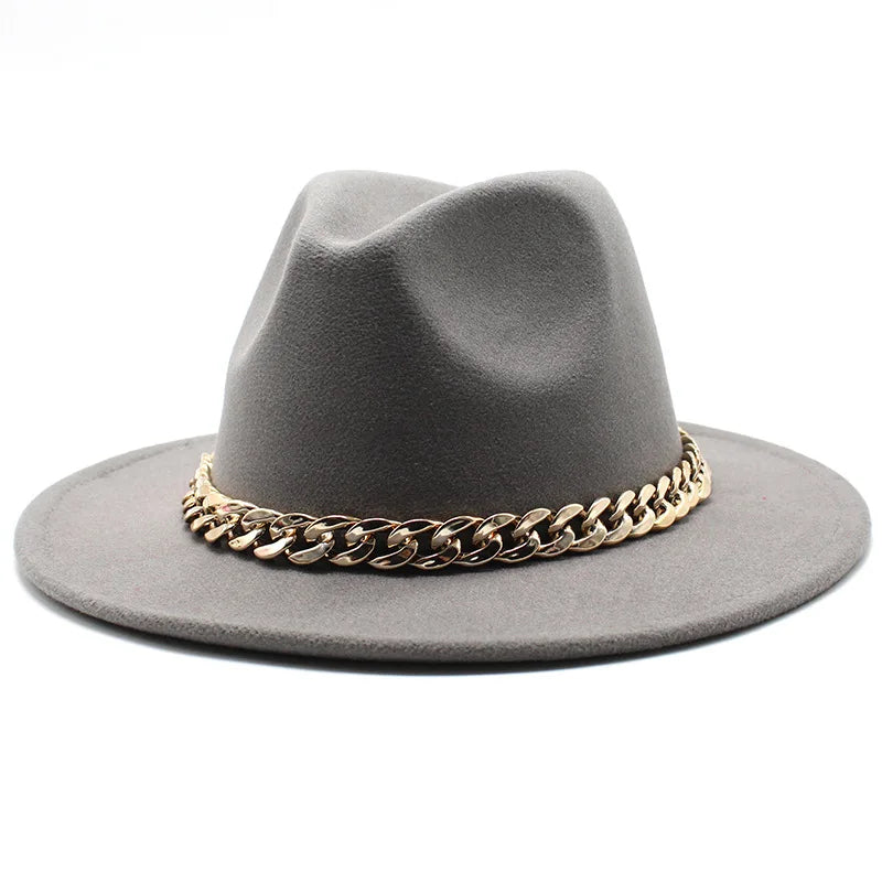 Cappelli Fedora unisex – Cappello a tesa larga con fascia a catena dorata, in feltro. Elegante stile jazz, ideale per autunno e inverno. Panama rosso di lusso. Chapeau donna/uomo.
