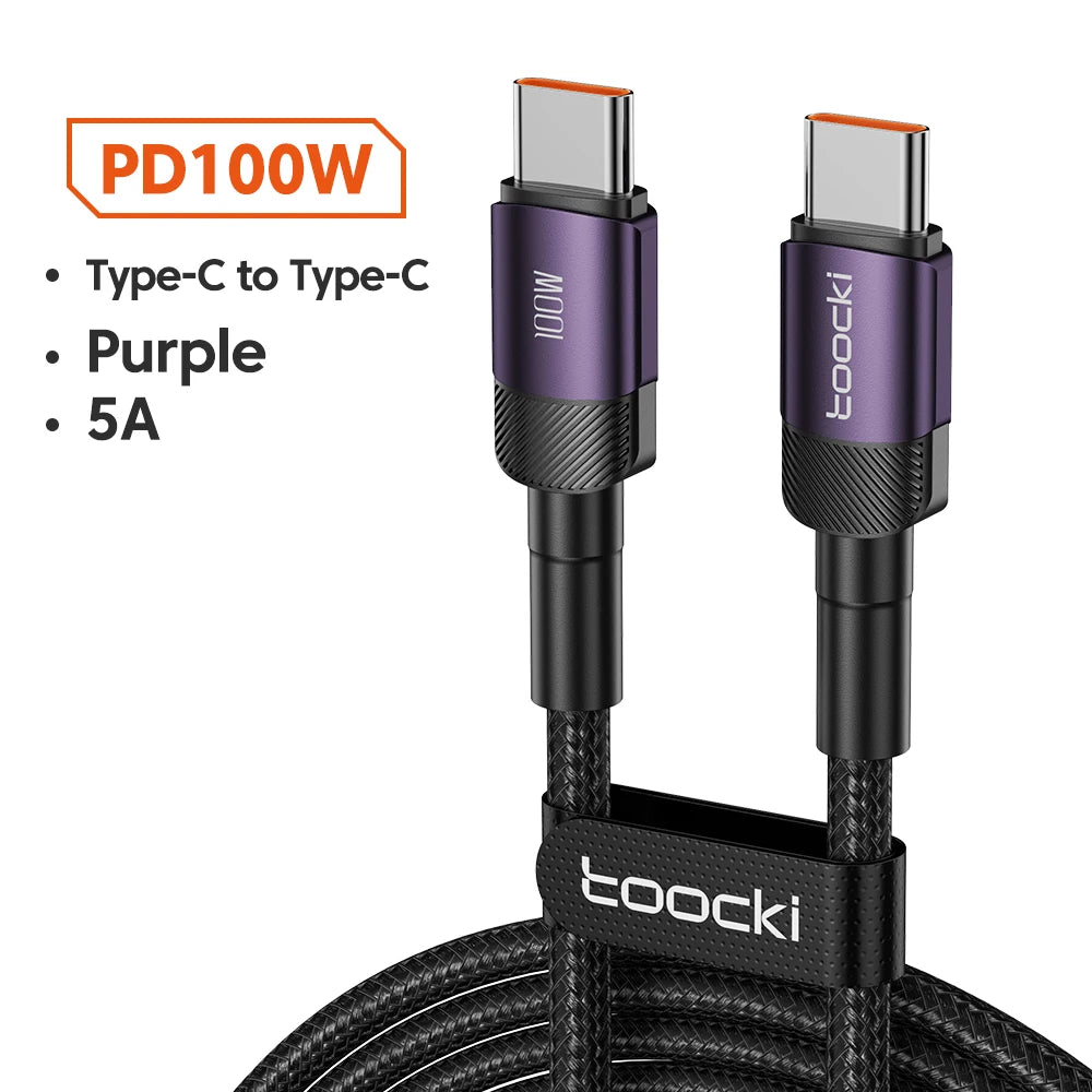 Cavo Toocki 100W USB-C a USB-C: ricarica rapida PD 3.0 / QC 4.0, compatibile con iPhone 15, MacBook, Samsung, Xiaomi.