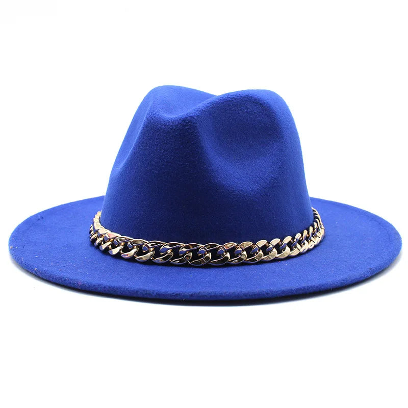 Cappelli Fedora unisex – Cappello a tesa larga con fascia a catena dorata, in feltro. Elegante stile jazz, ideale per autunno e inverno. Panama rosso di lusso. Chapeau donna/uomo.