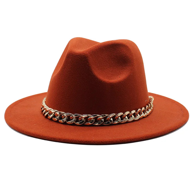 Cappelli Fedora unisex – Cappello a tesa larga con fascia a catena dorata, in feltro. Elegante stile jazz, ideale per autunno e inverno. Panama rosso di lusso. Chapeau donna/uomo.