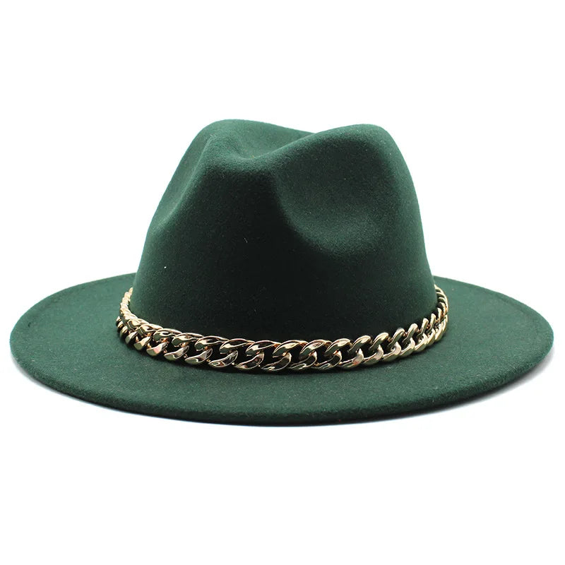 Cappelli Fedora unisex – Cappello a tesa larga con fascia a catena dorata, in feltro. Elegante stile jazz, ideale per autunno e inverno. Panama rosso di lusso. Chapeau donna/uomo.