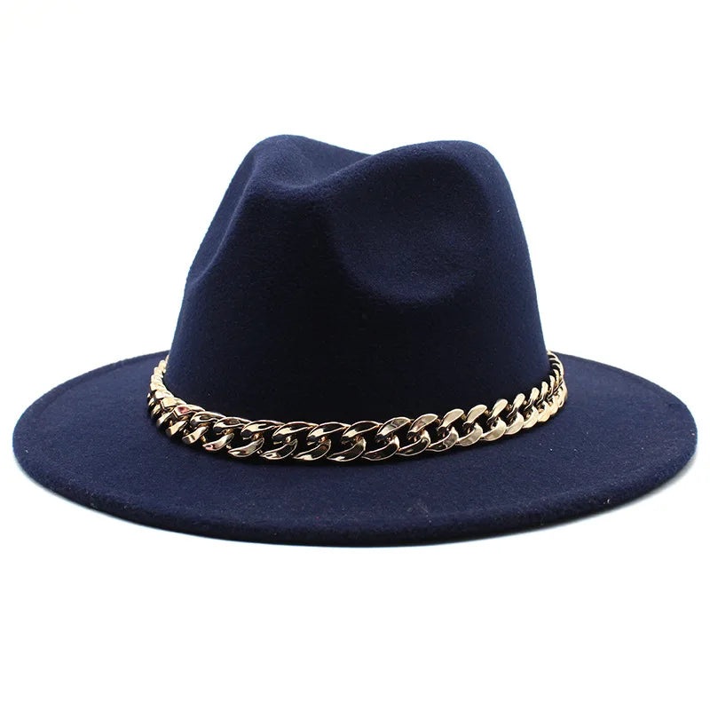 Cappelli Fedora unisex – Cappello a tesa larga con fascia a catena dorata, in feltro. Elegante stile jazz, ideale per autunno e inverno. Panama rosso di lusso. Chapeau donna/uomo.