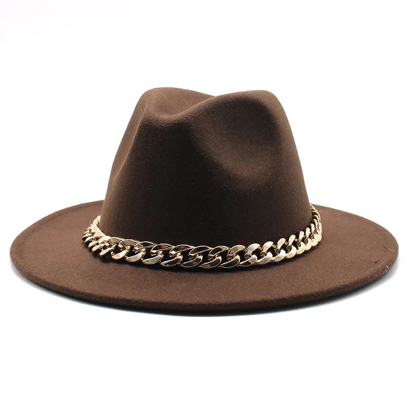 Cappelli Fedora unisex – Cappello a tesa larga con fascia a catena dorata, in feltro. Elegante stile jazz, ideale per autunno e inverno. Panama rosso di lusso. Chapeau donna/uomo.