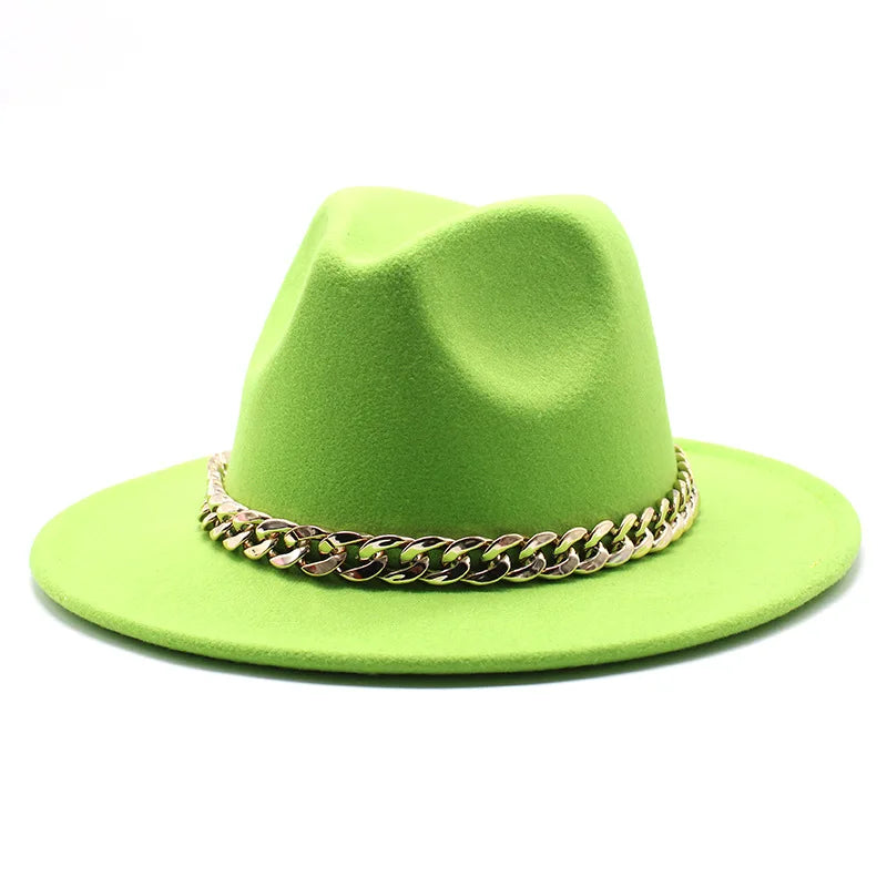 Cappelli Fedora unisex – Cappello a tesa larga con fascia a catena dorata, in feltro. Elegante stile jazz, ideale per autunno e inverno. Panama rosso di lusso. Chapeau donna/uomo.