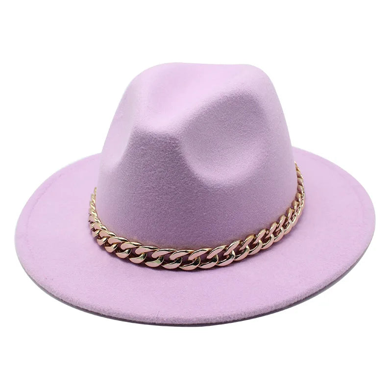 Cappelli Fedora unisex – Cappello a tesa larga con fascia a catena dorata, in feltro. Elegante stile jazz, ideale per autunno e inverno. Panama rosso di lusso. Chapeau donna/uomo.