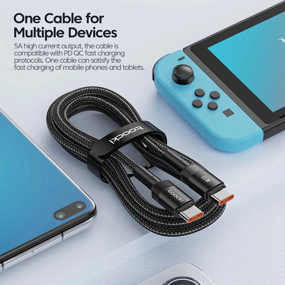 Cavo Toocki 100W USB-C a USB-C: ricarica rapida PD 3.0 / QC 4.0, compatibile con iPhone 15, MacBook, Samsung, Xiaomi.