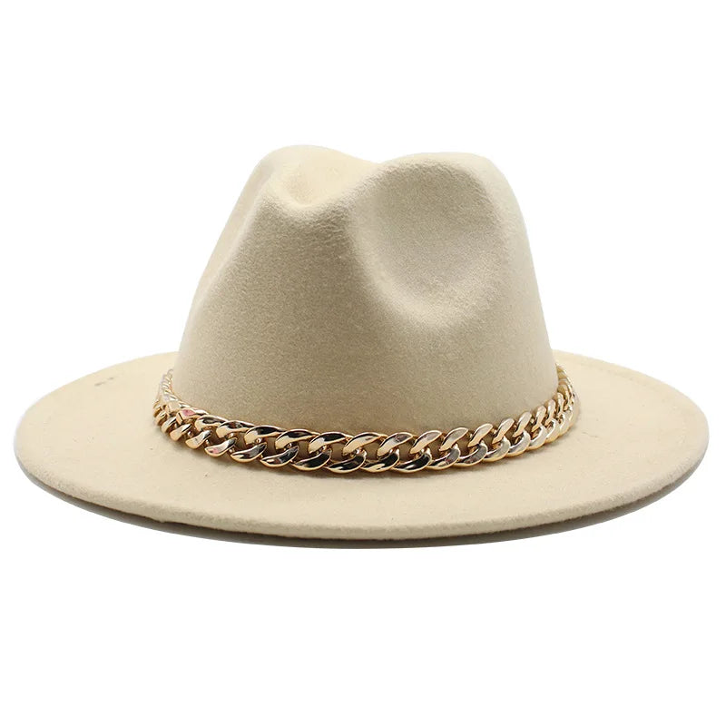 Cappelli Fedora unisex – Cappello a tesa larga con fascia a catena dorata, in feltro. Elegante stile jazz, ideale per autunno e inverno. Panama rosso di lusso. Chapeau donna/uomo.
