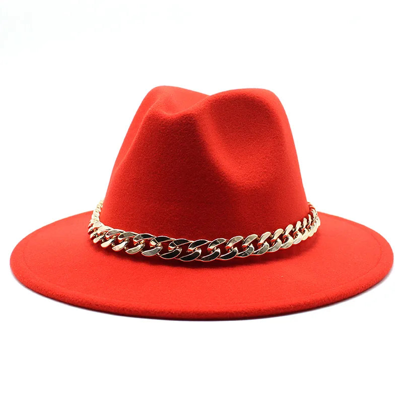 Cappelli Fedora unisex – Cappello a tesa larga con fascia a catena dorata, in feltro. Elegante stile jazz, ideale per autunno e inverno. Panama rosso di lusso. Chapeau donna/uomo.