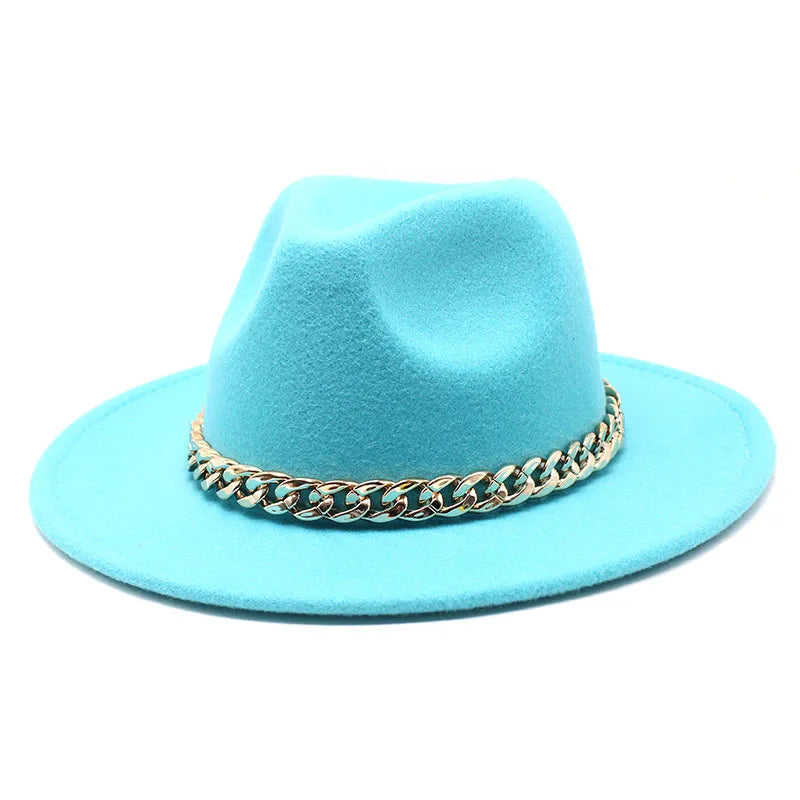 Cappelli Fedora unisex – Cappello a tesa larga con fascia a catena dorata, in feltro. Elegante stile jazz, ideale per autunno e inverno. Panama rosso di lusso. Chapeau donna/uomo.