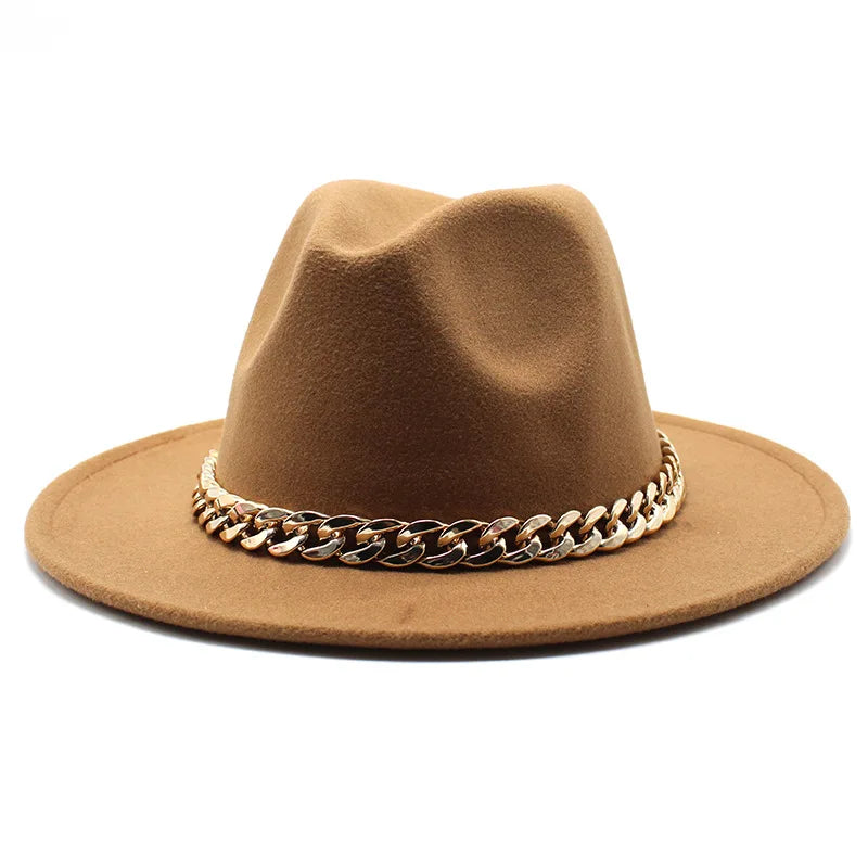 Cappelli Fedora unisex – Cappello a tesa larga con fascia a catena dorata, in feltro. Elegante stile jazz, ideale per autunno e inverno. Panama rosso di lusso. Chapeau donna/uomo.