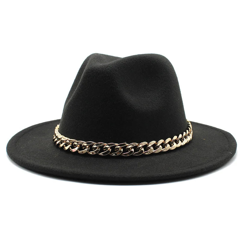 Cappelli Fedora unisex – Cappello a tesa larga con fascia a catena dorata, in feltro. Elegante stile jazz, ideale per autunno e inverno. Panama rosso di lusso. Chapeau donna/uomo.