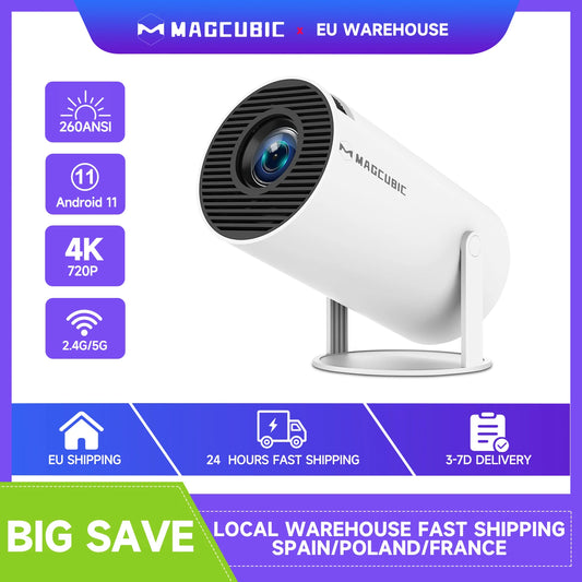 Proiettore portatile Magcubic HY300 Pro: 4K, Android 11, WiFi6, 290 ANSI lumen, Bluetooth 5.0, risoluzione 1080P/720P, per cinema e uso esterno.