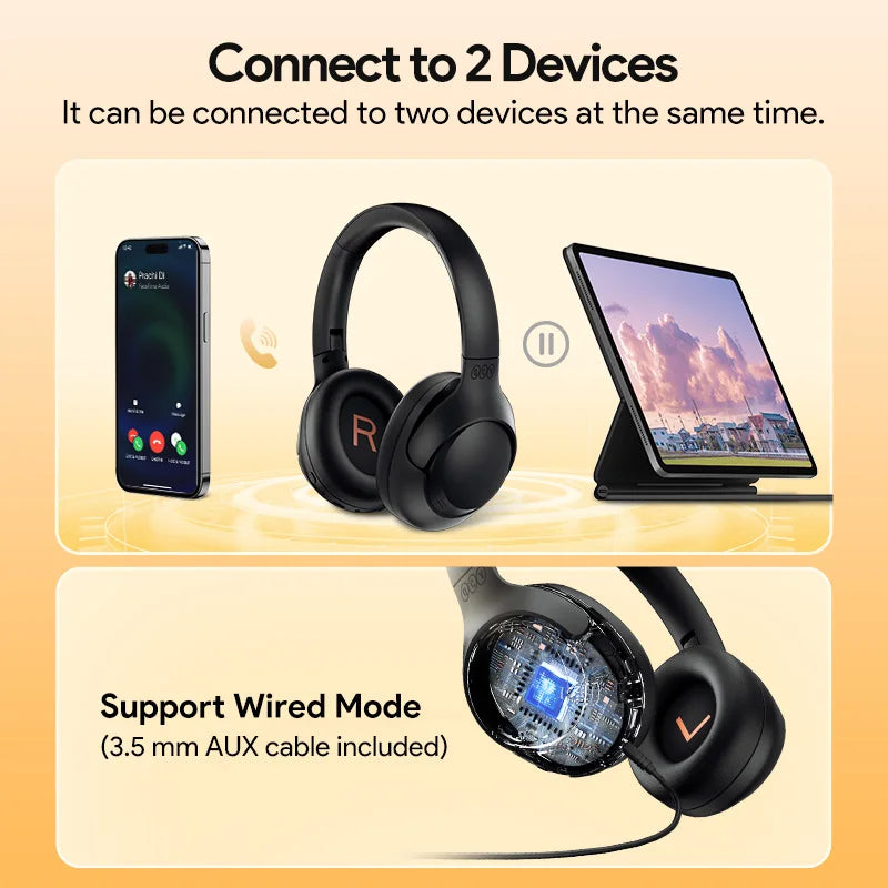 Cuffie wireless QCY H3: audio Hi-Res, over-ear, cancellazione attiva ibrida del rumore 43dB, Bluetooth 5.4, ideali anche per il gaming.