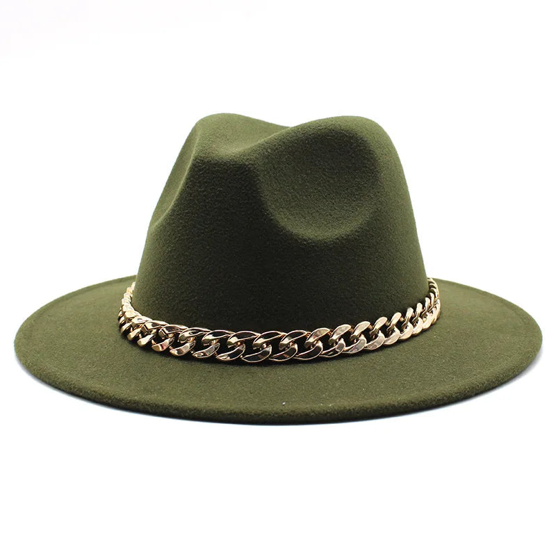 Cappelli Fedora unisex – Cappello a tesa larga con fascia a catena dorata, in feltro. Elegante stile jazz, ideale per autunno e inverno. Panama rosso di lusso. Chapeau donna/uomo.
