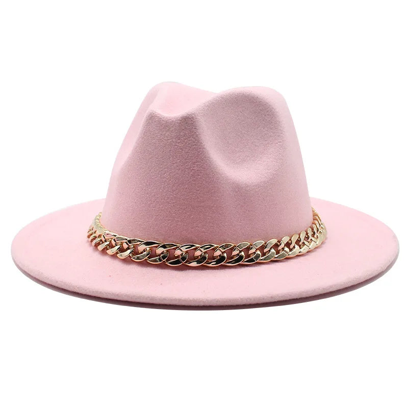 Cappelli Fedora unisex – Cappello a tesa larga con fascia a catena dorata, in feltro. Elegante stile jazz, ideale per autunno e inverno. Panama rosso di lusso. Chapeau donna/uomo.